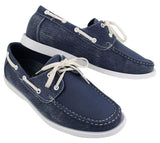 Sapatos náuticos masculinos estilo retrô em jeans, com cadarço, na cor azul marinho.