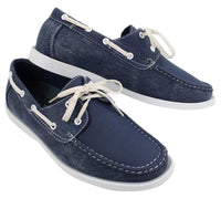 Sapatos náuticos masculinos estilo retrô em jeans, com cadarço, na cor azul marinho.
