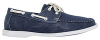 Sapatos náuticos masculinos estilo retrô em jeans, com cadarço, na cor azul marinho.