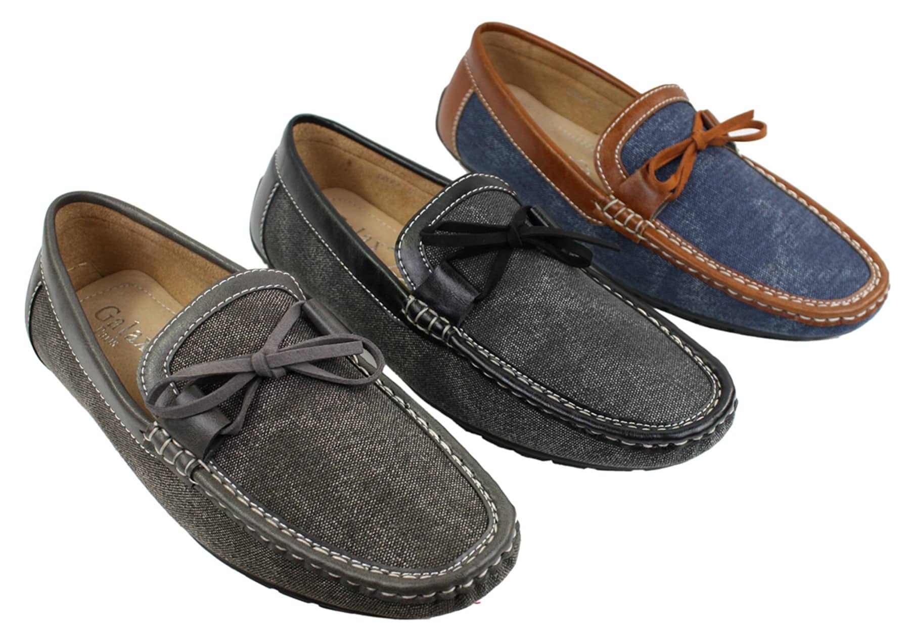 Sapatos Mocassim Masculinos Slip On em Couro e Jeans com Cadarço, Elegantes e Casuais, em Tons de Bege Italiano e Azul Marinho.