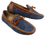 Sapatos Mocassim Masculinos Slip On em Couro e Jeans com Cadarço, Elegantes e Casuais, em Tons de Bege Italiano e Azul Marinho.