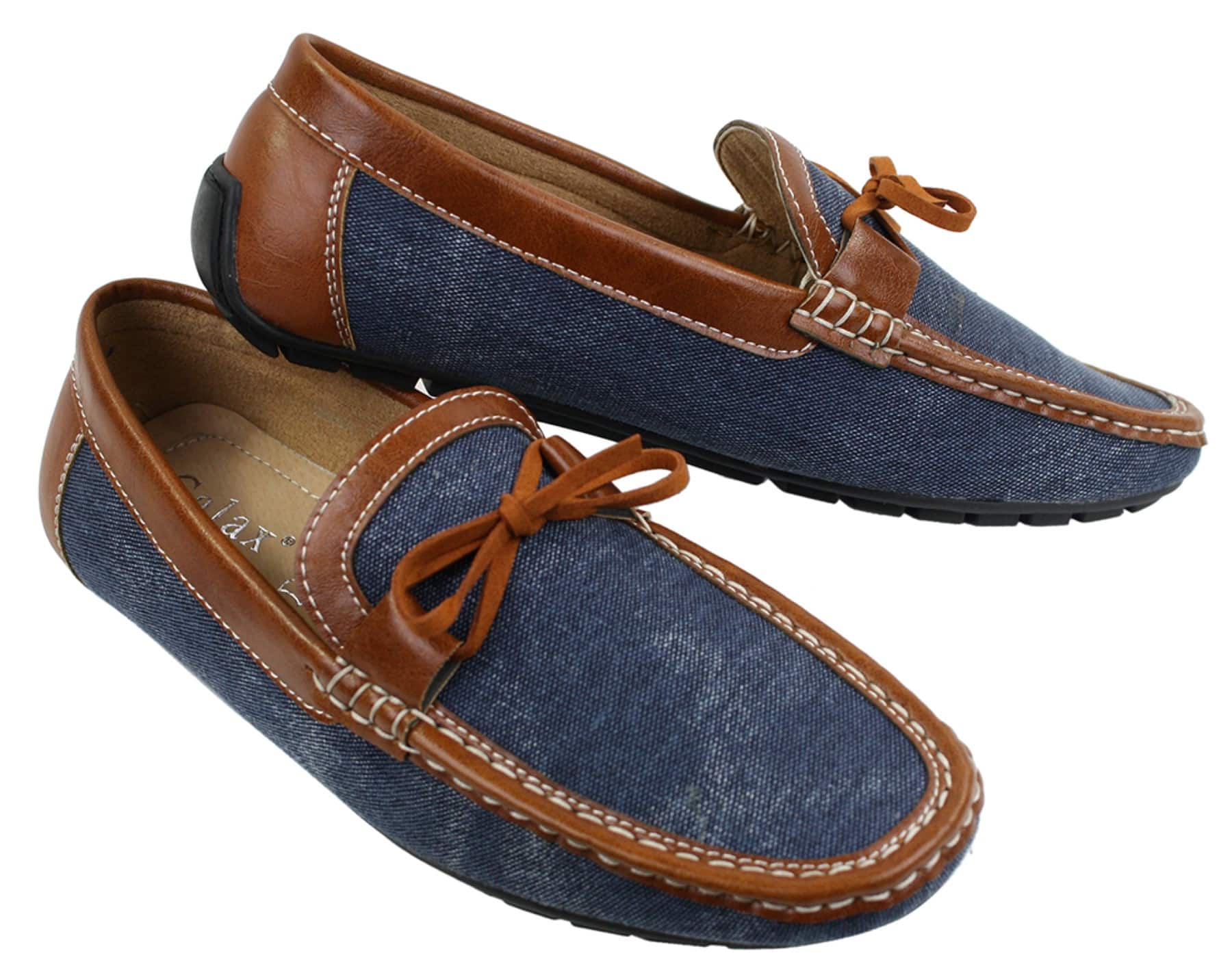 Sapatos Mocassim Masculinos Slip On em Couro e Jeans com Cadarço, Elegantes e Casuais, em Tons de Bege Italiano e Azul Marinho.