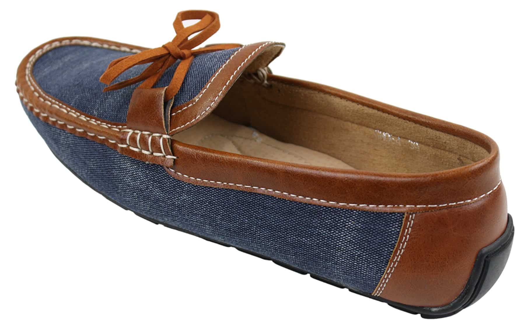 Sapatos Mocassim Masculinos Slip On em Couro e Jeans com Cadarço, Elegantes e Casuais, em Tons de Bege Italiano e Azul Marinho.