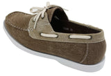 Sapatos náuticos masculinos retrô de lona jeans com cadarço, nas cores azul marinho e bege.