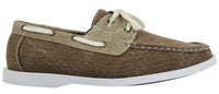 Sapatos náuticos masculinos retrô de lona jeans com cadarço, nas cores azul marinho e bege.