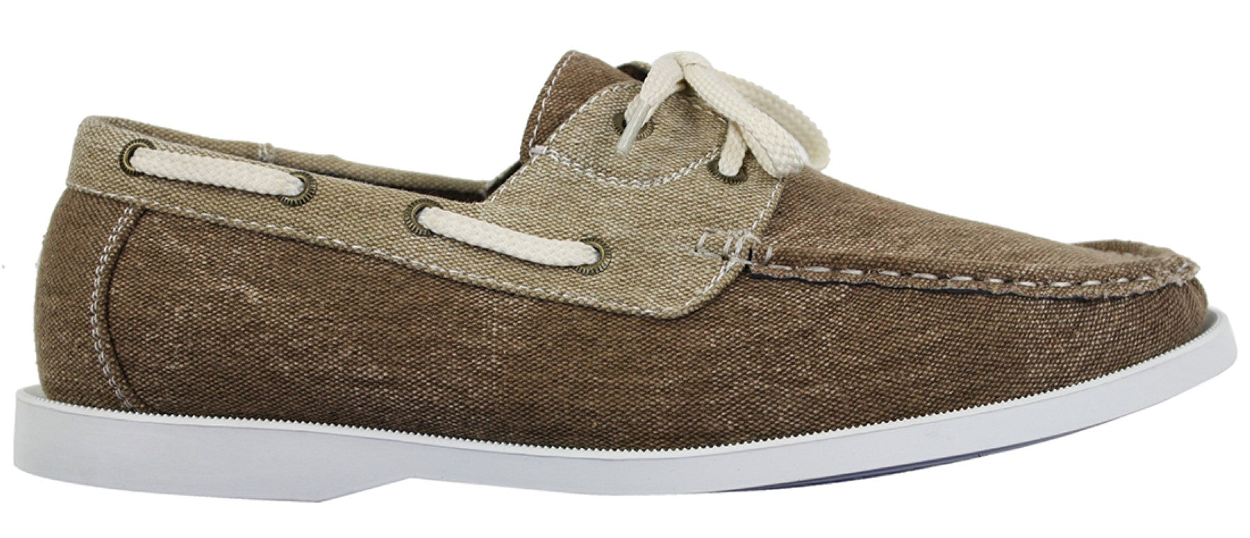 Sapatos náuticos masculinos retrô de lona jeans com cadarço, nas cores azul marinho e bege.