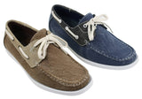 Sapatos náuticos masculinos retrô de lona jeans com cadarço, nas cores azul marinho e bege.