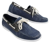 Sapatos náuticos masculinos retrô de lona jeans com cadarço, nas cores azul marinho e bege.