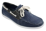 Sapatos náuticos masculinos retrô de lona jeans com cadarço, nas cores azul marinho e bege.