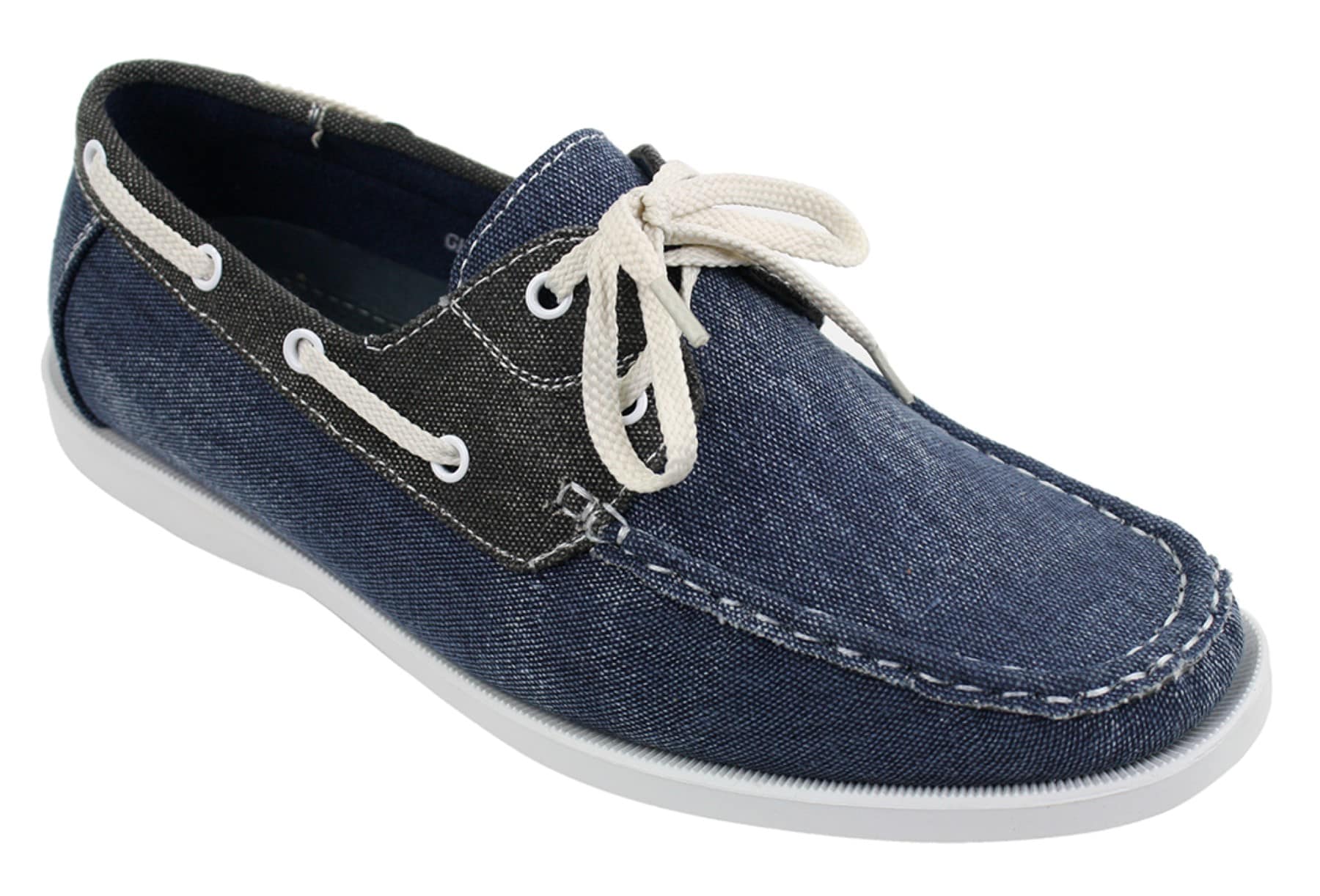 Sapatos náuticos masculinos retrô de lona jeans com cadarço, nas cores azul marinho e bege.