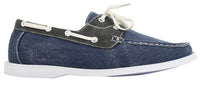 Sapatos náuticos masculinos retrô de lona jeans com cadarço, nas cores azul marinho e bege.