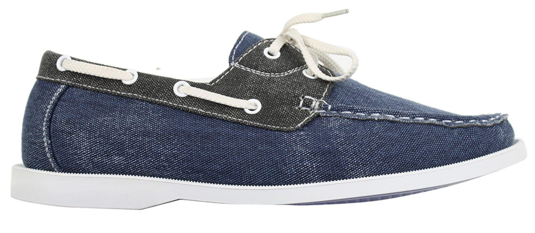 Sapatos náuticos masculinos retrô de lona jeans com cadarço, nas cores azul marinho e bege.