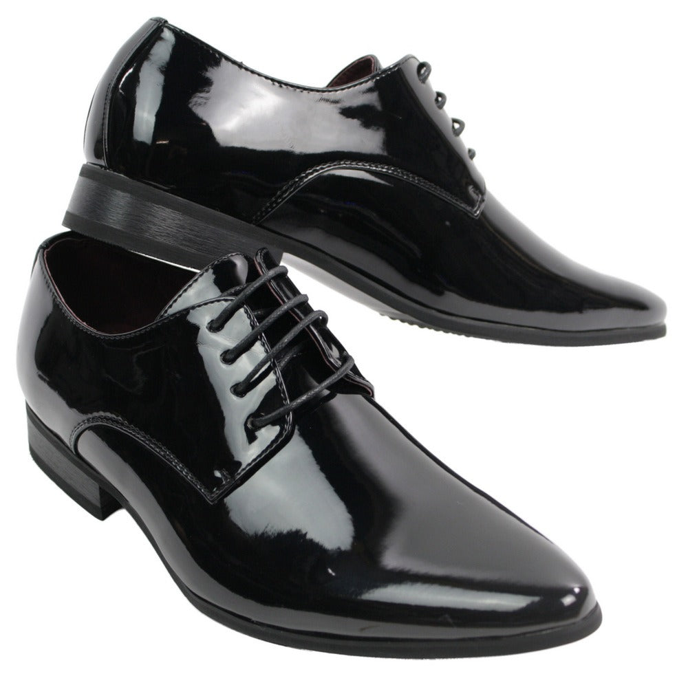 Sapatos masculinos elegantes com cadarço, forrados em couro, para escritório, festa ou casamento, design italiano, verniz brilhante.