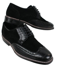 Sapatos Brogue Gatsby Vintage Masculinos em Camurça Preta e Marrom com Detalhe de Pele de Cobra