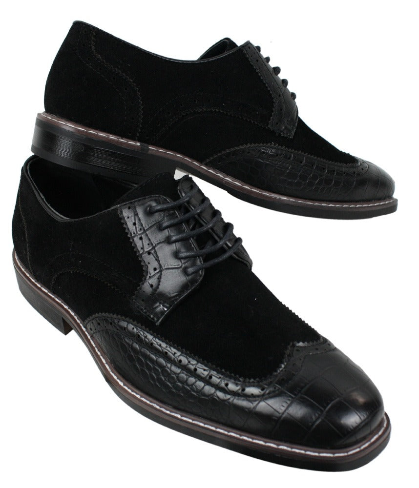 Sapatos Brogue Gatsby Vintage Masculinos em Camurça Preta e Marrom com Detalhe de Pele de Cobra
