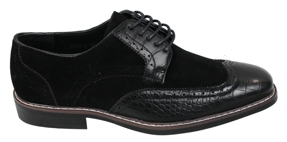 Sapatos Brogue Gatsby Vintage Masculinos em Camurça Preta e Marrom com Detalhe de Pele de Cobra