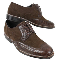 Sapatos Brogue Gatsby Vintage Masculinos em Camurça Preta e Marrom com Detalhe de Pele de Cobra