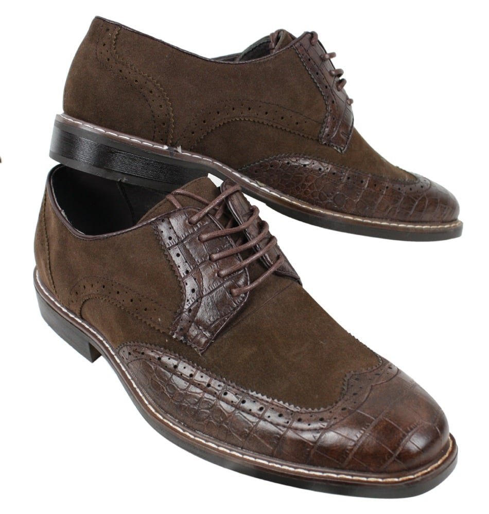 Sapatos Brogue Gatsby Vintage Masculinos em Camurça Preta e Marrom com Detalhe de Pele de Cobra