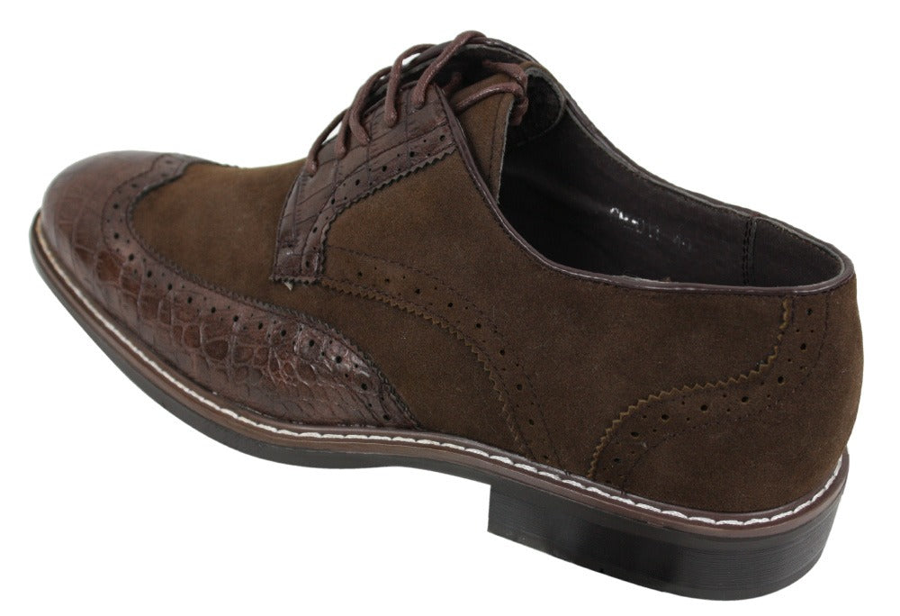 Sapatos Brogue Gatsby Vintage Masculinos em Camurça Preta e Marrom com Detalhe de Pele de Cobra