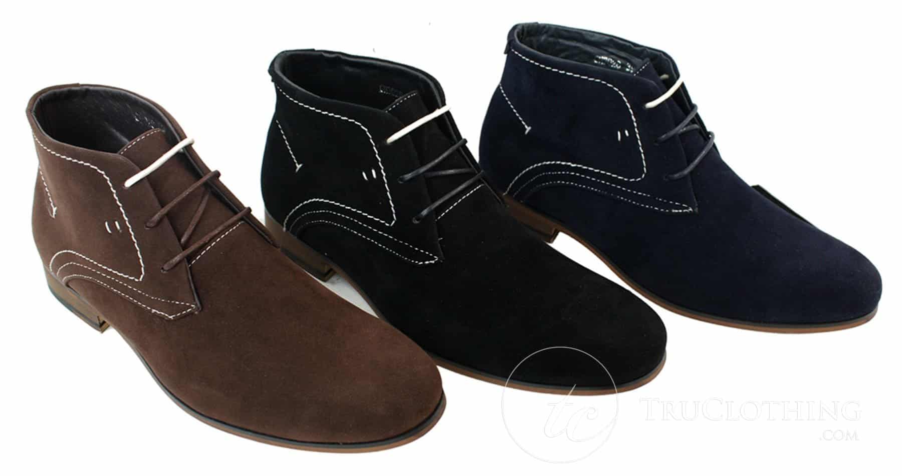 Botas casuais masculinas estilo deserto em camurça, nas cores marrom, preto e azul marinho, com forro de couro.