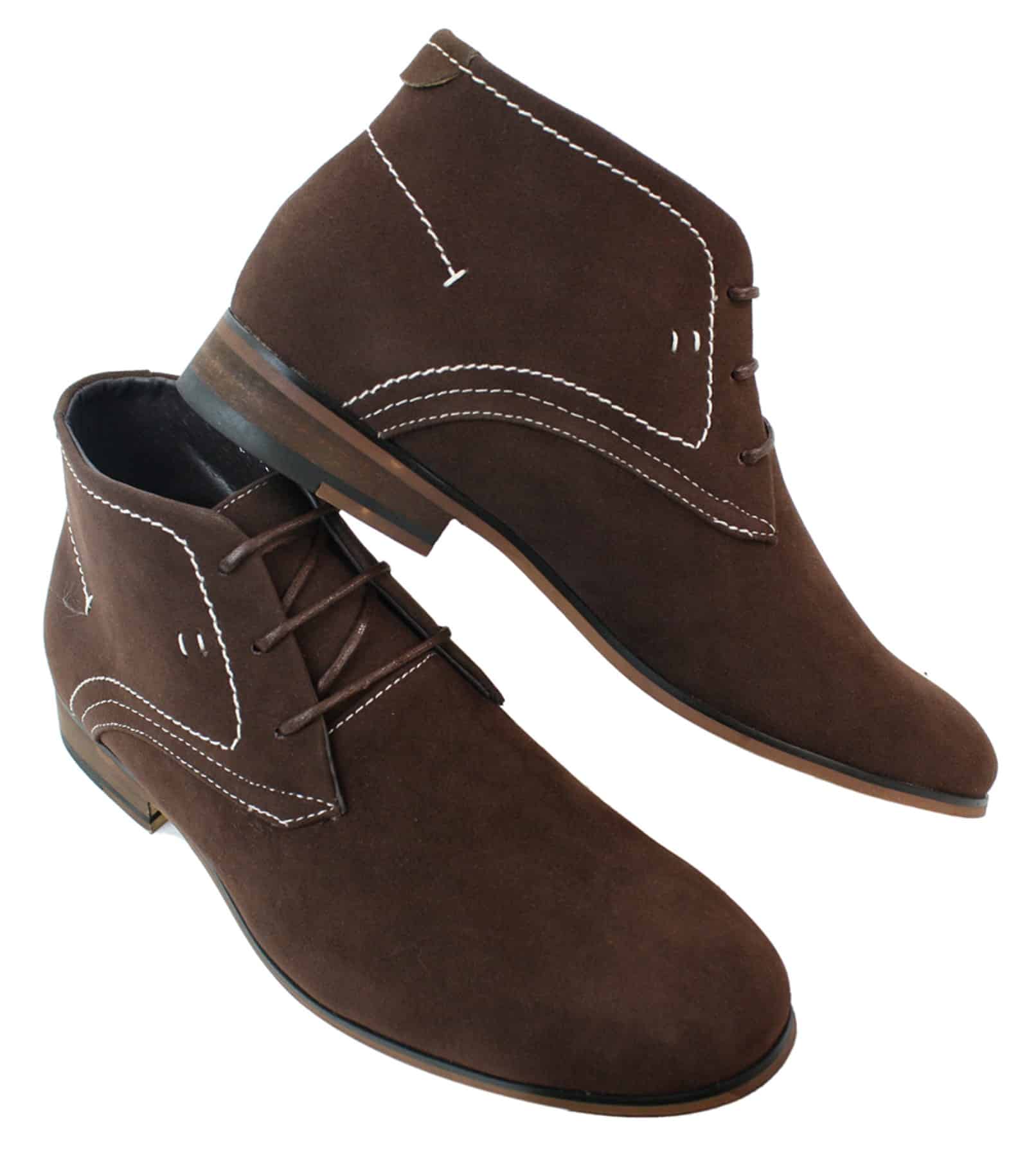 Botas casuais masculinas estilo deserto em camurça, nas cores marrom, preto e azul marinho, com forro de couro.