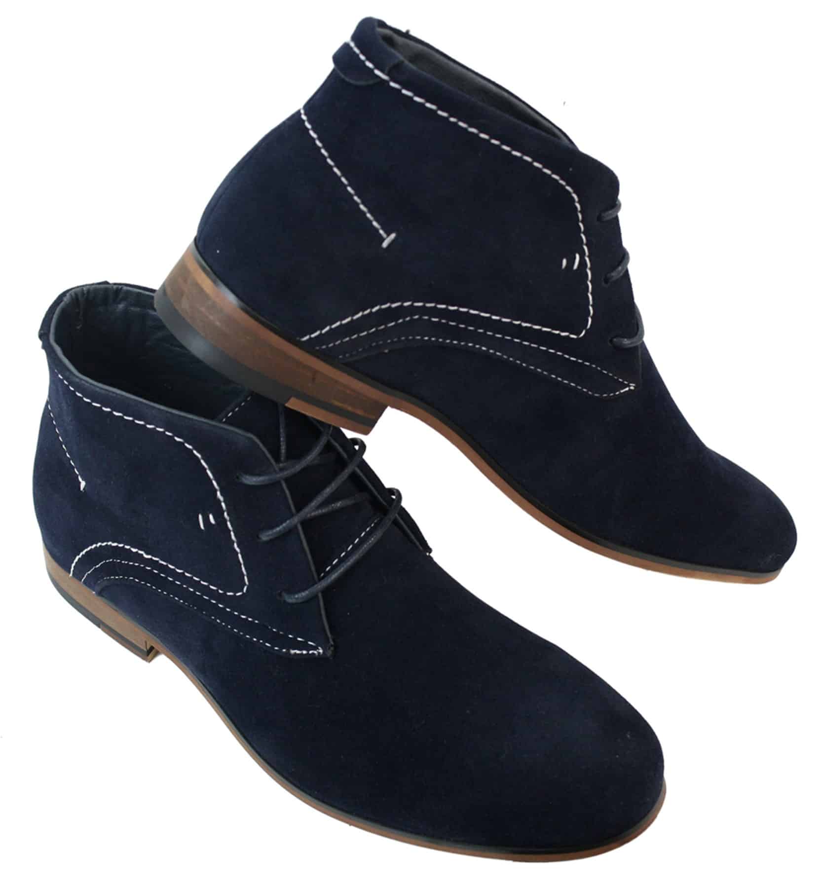 Botas casuais masculinas estilo deserto em camurça, nas cores marrom, preto e azul marinho, com forro de couro.