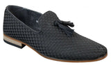 Sapatos de condução masculinos sem fecho com borlas, estilo casual elegante retrô, azul marinho, forro em couro preto.