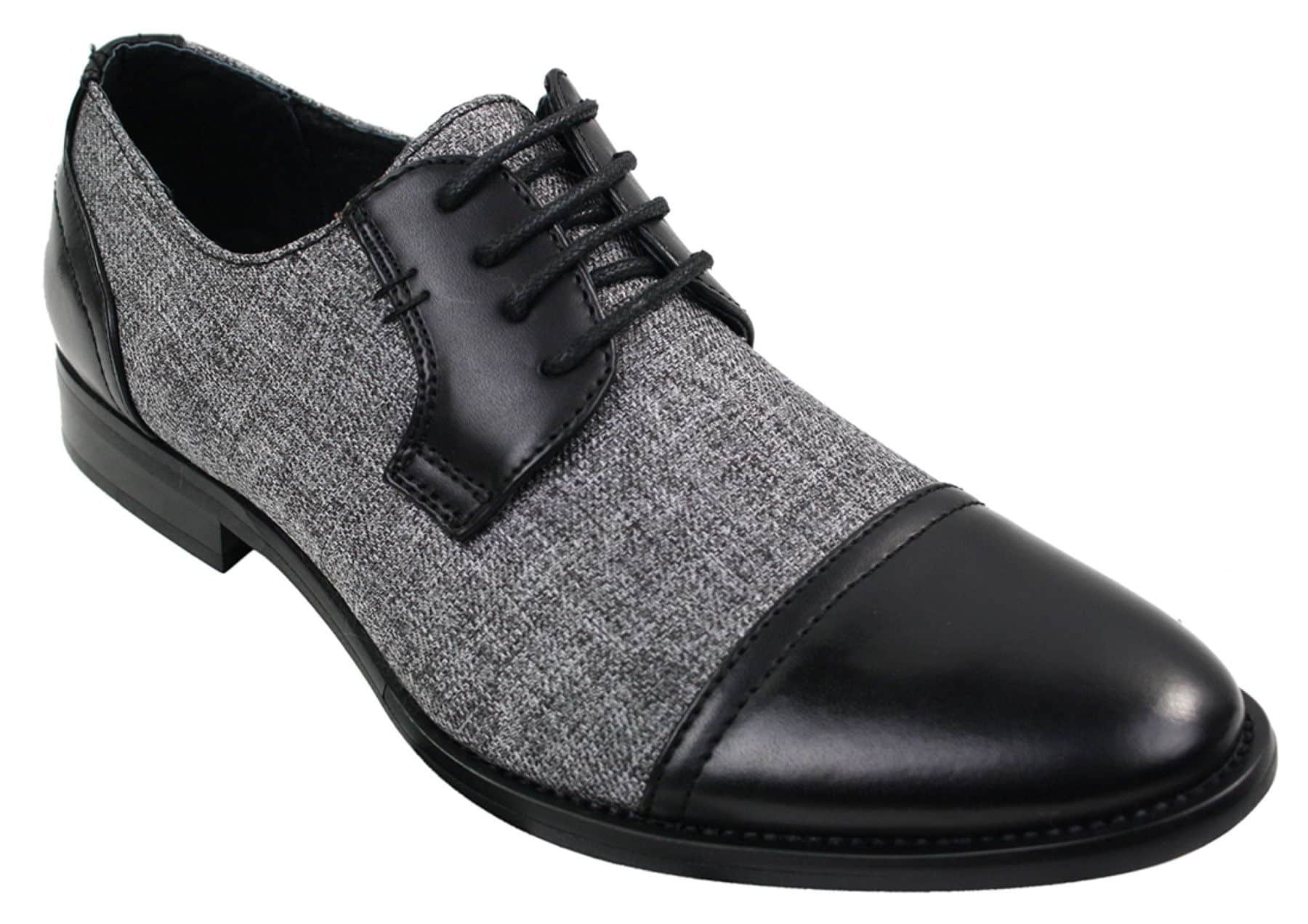 Sapatos masculinos casuais elegantes com cadarço em tweed e couro, estilo vintage retrô.
