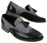 Mocassins masculinos de tweed e couro, estilo mocassim, com detalhe de borla, design vintage retrô.
