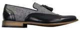 Mocassins masculinos de tweed e couro, estilo mocassim, com detalhe de borla, design vintage retrô.