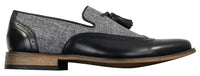 Mocassins masculinos de tweed e couro, estilo mocassim, com detalhe de borla, design vintage retrô.