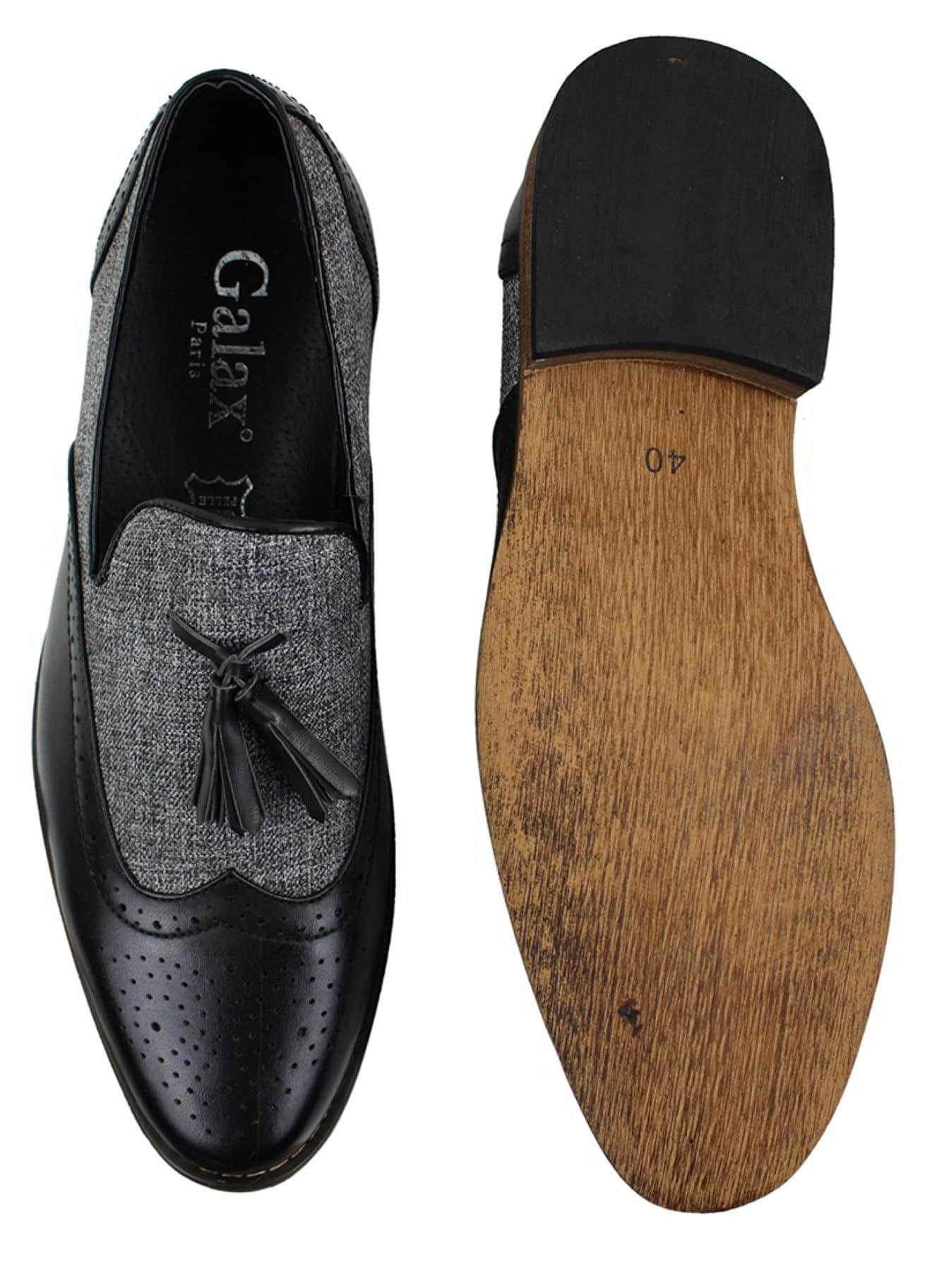 Mocassins masculinos de tweed e couro, estilo mocassim, com detalhe de borla, design vintage retrô.