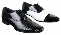 Sapatos masculinos de couro envernizado brilhante com cadarço, estampa de cobra, design italiano, nas cores preto e branco.