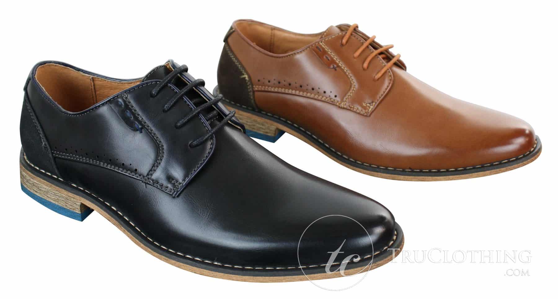 Sapatos sociais masculinos Galax GH3117, com cadarço, em couro clássico marrom-claro e camurça preta.