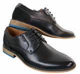 Sapatos sociais masculinos Galax GH3117, com cadarço, em couro clássico marrom-claro e camurça preta.