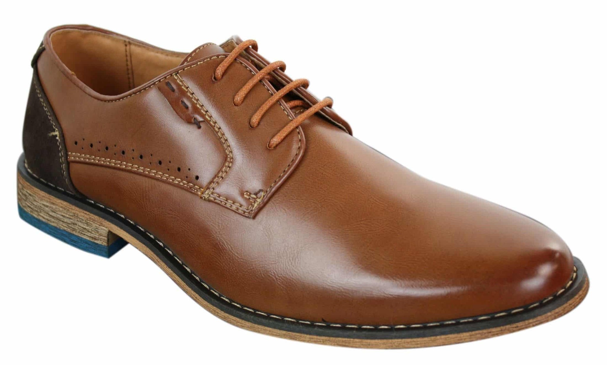 Sapatos sociais masculinos Galax GH3117, com cadarço, em couro clássico marrom-claro e camurça preta.
