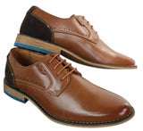 Sapatos sociais masculinos Galax GH3117, com cadarço, em couro clássico marrom-claro e camurça preta.