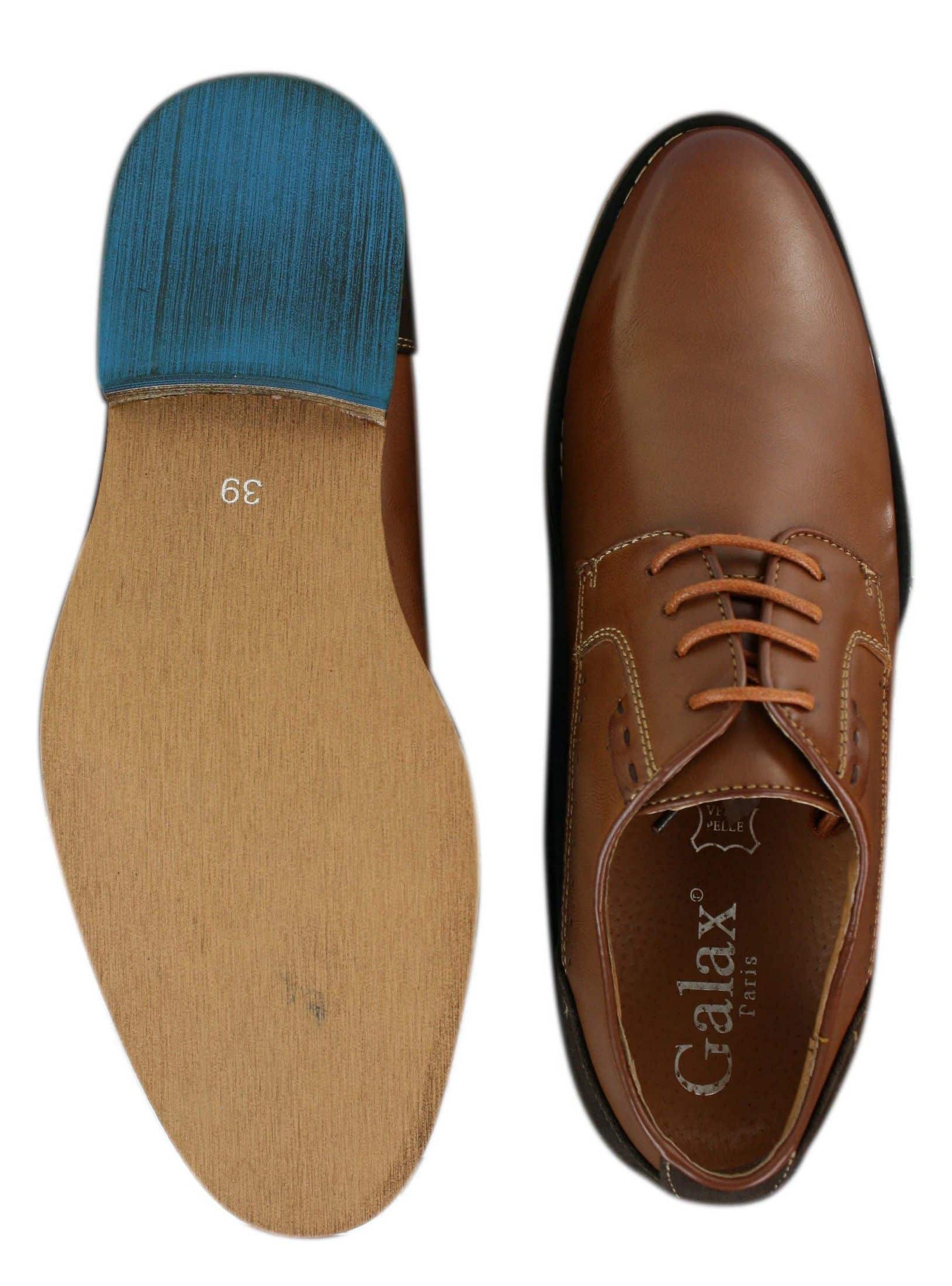Sapatos sociais masculinos Galax GH3117, com cadarço, em couro clássico marrom-claro e camurça preta.