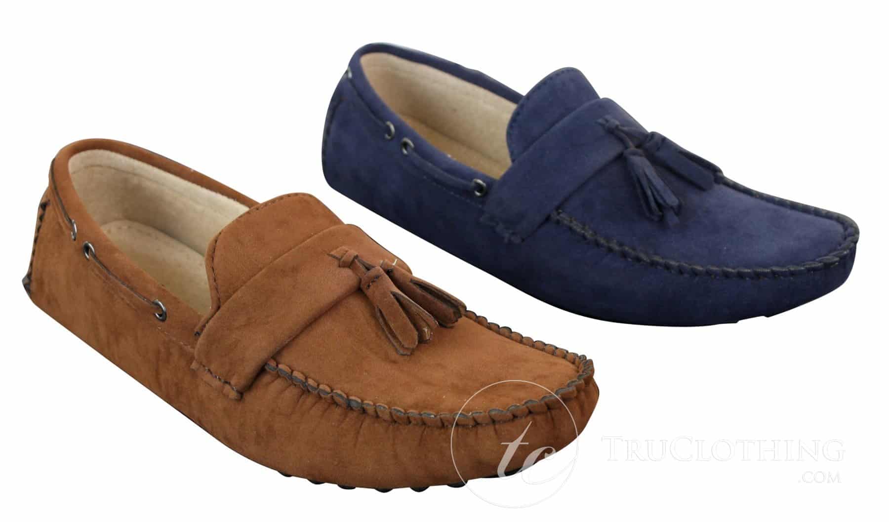 Mocassins masculinos de camurça marrom e azul marinho com borla, estilo mocassim, para dirigir, em couro.