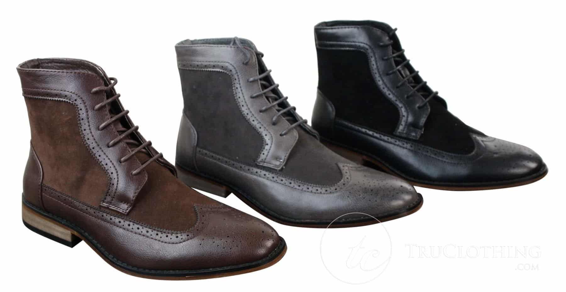 Botas Chelsea Brouge masculinas de cano curto em couro camurça italiana, elegantes e casuais, com cadarço e estilo retrô.