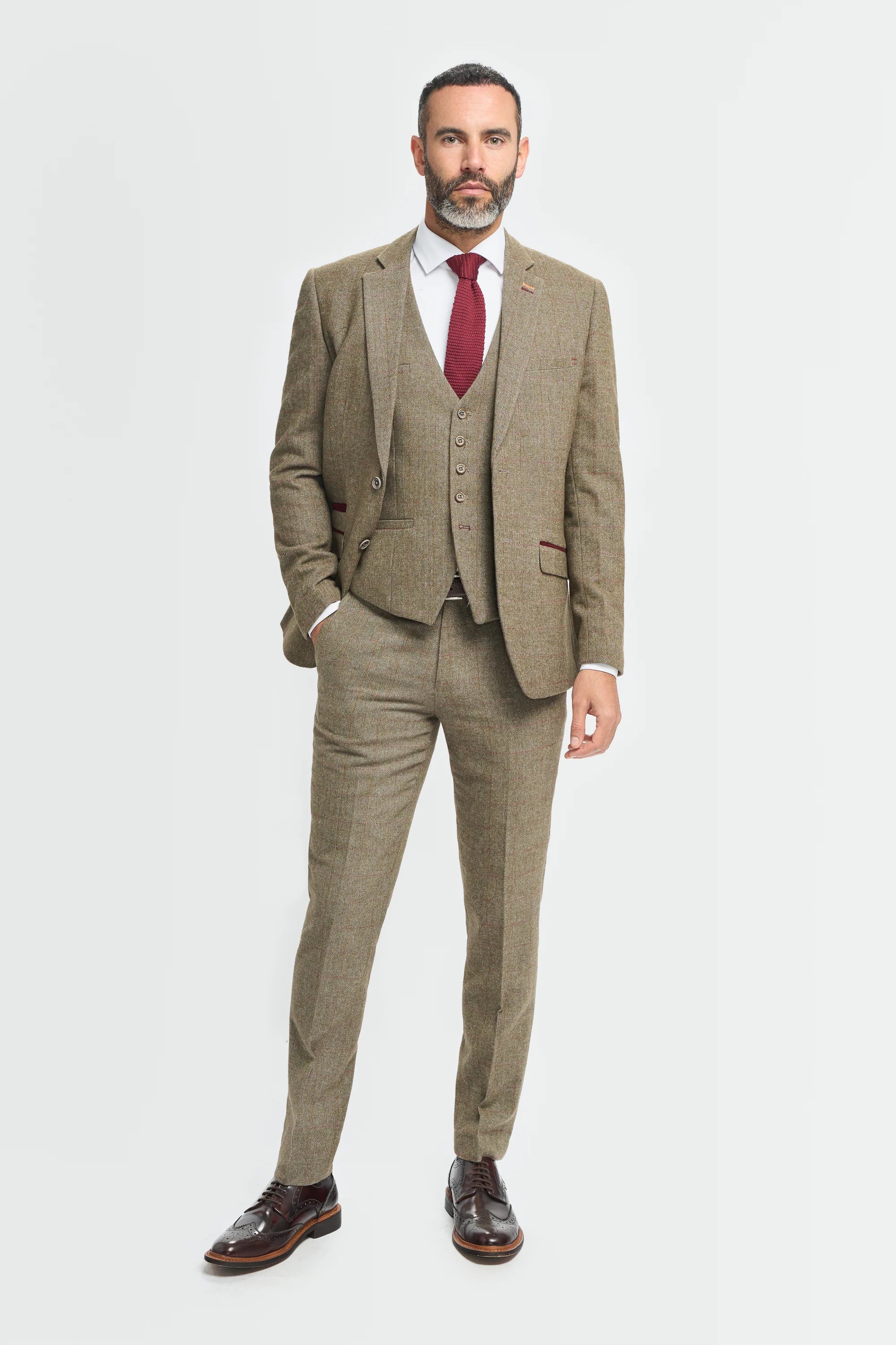 Terno masculino de tweed verde-oliva xadrez