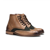 Botas masculinas vintage em couro legítimo, estilo brogue, anos 1920, em camurça e tweed, com cadarço, elegantes e formais.