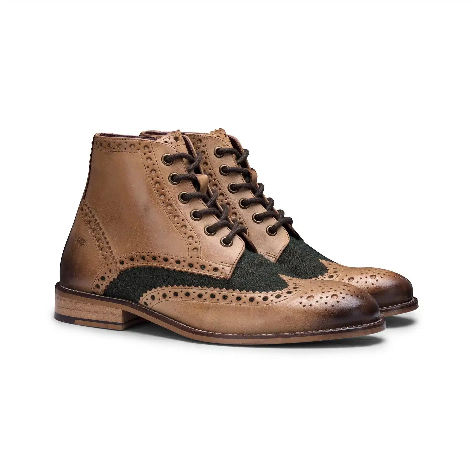 Botas masculinas vintage em couro legítimo, estilo brogue, anos 1920, em camurça e tweed, com cadarço, elegantes e formais.