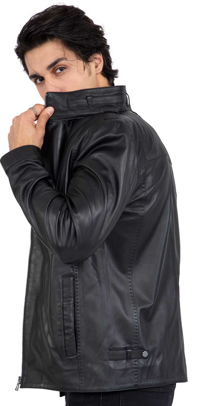 Jaqueta longa masculina em couro de cordeiro genuíno, corte sob medida - B208
