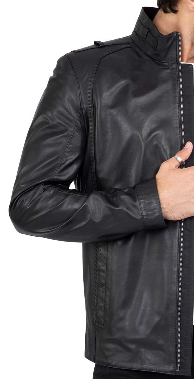 Jaqueta longa masculina em couro de cordeiro genuíno, corte sob medida - B208
