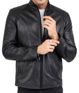 Jaqueta masculina preta em couro de cordeiro genuíno, corte sob medida - B204