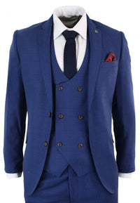 Terno masculino azul xadrez de 3 peças, corte slim.