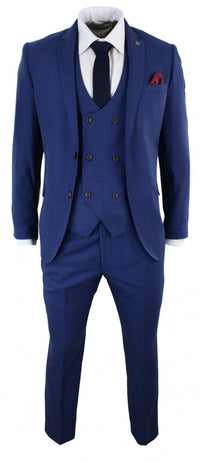 Terno masculino azul xadrez de 3 peças, corte slim.