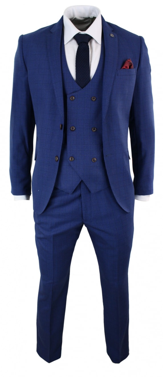 Terno masculino azul xadrez de 3 peças, corte slim.