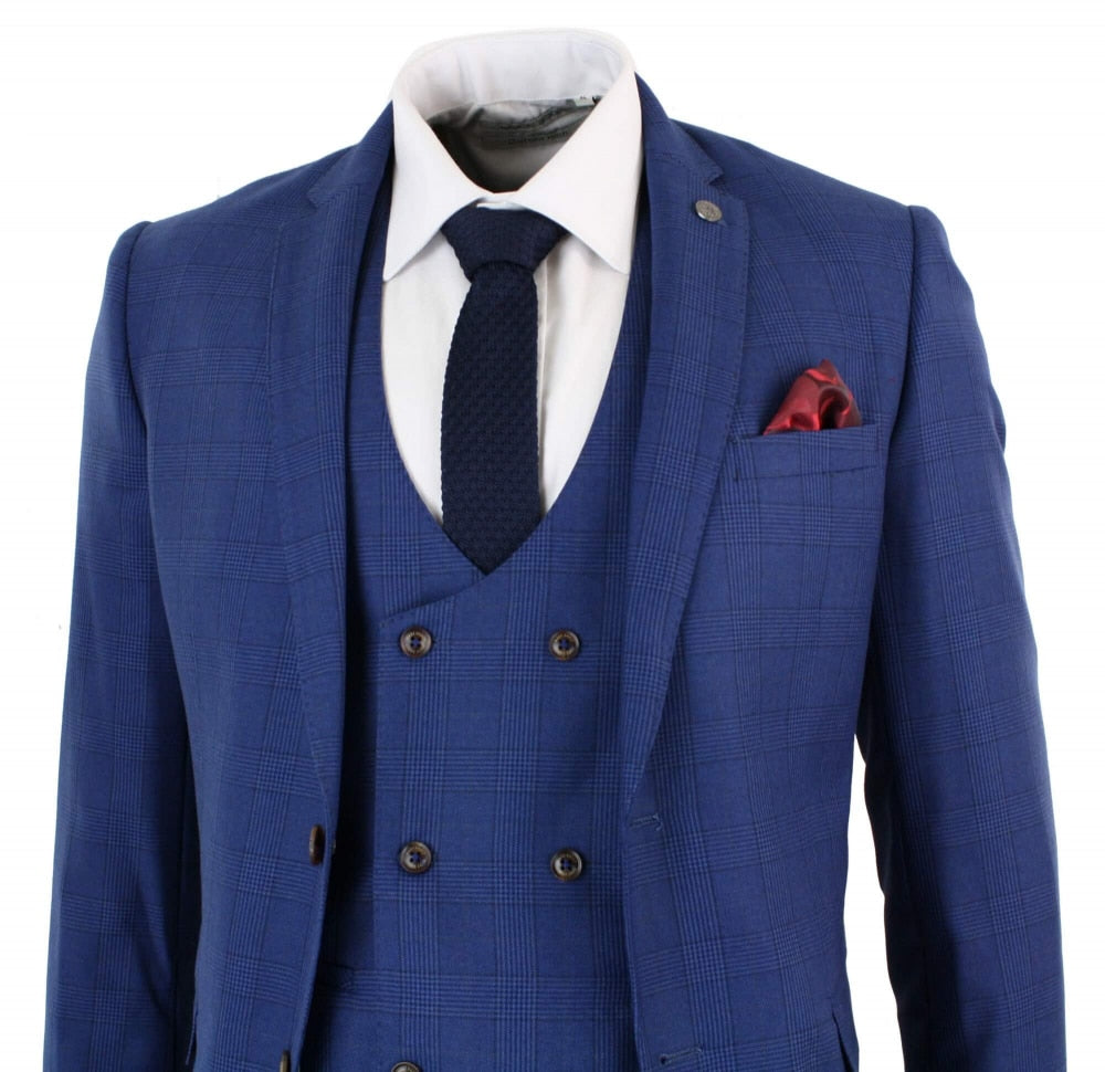 Terno masculino azul xadrez de 3 peças, corte slim.